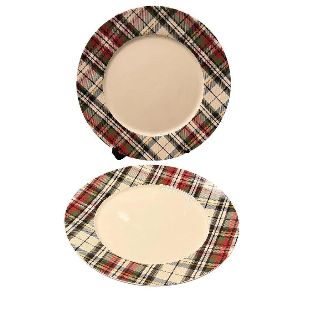 Pottery Barn Denver Plaid rim Plates Tartan Black Green Red Set Of 2 10 5/8